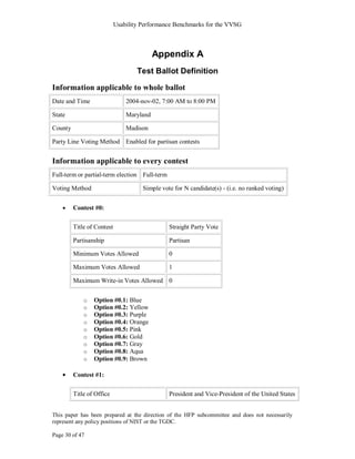 Usability Performance Benchmarks for the VVSG



                                           Appendix A
                                    Test Ballot Definition

Information applicable to whole ballot
Date and Time                   2004-nov-02, 7:00 AM to 8:00 PM

State                           Maryland

County                          Madison

Party Line Voting Method Enabled for partisan contests


Information applicable to every contest
Full-term or partial-term election Full-term

Voting Method                         Simple vote for N candidate(s) - (i.e. no ranked voting)


         Contest #0:

         Title of Contest                       Straight Party Vote

         Partisanship                           Partisan

         Minimum Votes Allowed                  0

         Maximum Votes Allowed                  1

         Maximum Write-in Votes Allowed 0


             o   Option #0.1: Blue
             o   Option #0.2: Yellow
             o   Option #0.3: Purple
             o   Option #0.4: Orange
             o   Option #0.5: Pink
             o   Option #0.6: Gold
             o   Option #0.7: Gray
             o   Option #0.8: Aqua
             o   Option #0.9: Brown

         Contest #1:

         Title of Office                        President and Vice-President of the United States


This paper has been prepared at the direction of the HFP subcommittee and does not necessarily
represent any policy positions of NIST or the TGDC.

Page 30 of 47
 
