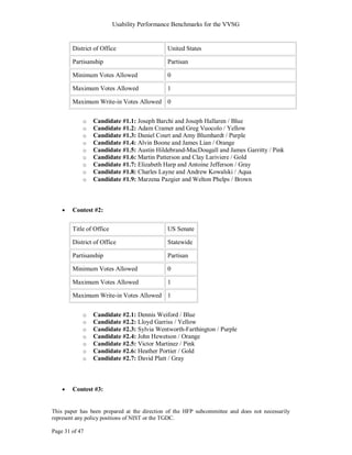 Usability Performance Benchmarks for the VVSG


        District of Office                   United States

        Partisanship                         Partisan

        Minimum Votes Allowed                0

        Maximum Votes Allowed                1

        Maximum Write-in Votes Allowed 0


            o   Candidate #1.1: Joseph Barchi and Joseph Hallaren / Blue
            o   Candidate #1.2: Adam Cramer and Greg Vuocolo / Yellow
            o   Candidate #1.3: Daniel Court and Amy Blumhardt / Purple
            o   Candidate #1.4: Alvin Boone and James Lian / Orange
            o   Candidate #1.5: Austin Hildebrand-MacDougall and James Garritty / Pink
            o   Candidate #1.6: Martin Patterson and Clay Lariviere / Gold
            o   Candidate #1.7: Elizabeth Harp and Antoine Jefferson / Gray
            o   Candidate #1.8: Charles Layne and Andrew Kowalski / Aqua
            o   Candidate #1.9: Marzena Pazgier and Welton Phelps / Brown



        Contest #2:

        Title of Office                      US Senate

        District of Office                   Statewide

        Partisanship                         Partisan

        Minimum Votes Allowed                0

        Maximum Votes Allowed                1

        Maximum Write-in Votes Allowed 1


            o   Candidate #2.1: Dennis Weiford / Blue
            o   Candidate #2.2: Lloyd Garriss / Yellow
            o   Candidate #2.3: Sylvia Wentworth-Farthington / Purple
            o   Candidate #2.4: John Hewetson / Orange
            o   Candidate #2.5: Victor Martinez / Pink
            o   Candidate #2.6: Heather Portier / Gold
            o   Candidate #2.7: David Platt / Gray



        Contest #3:


This paper has been prepared at the direction of the HFP subcommittee and does not necessarily
represent any policy positions of NIST or the TGDC.

Page 31 of 47
 