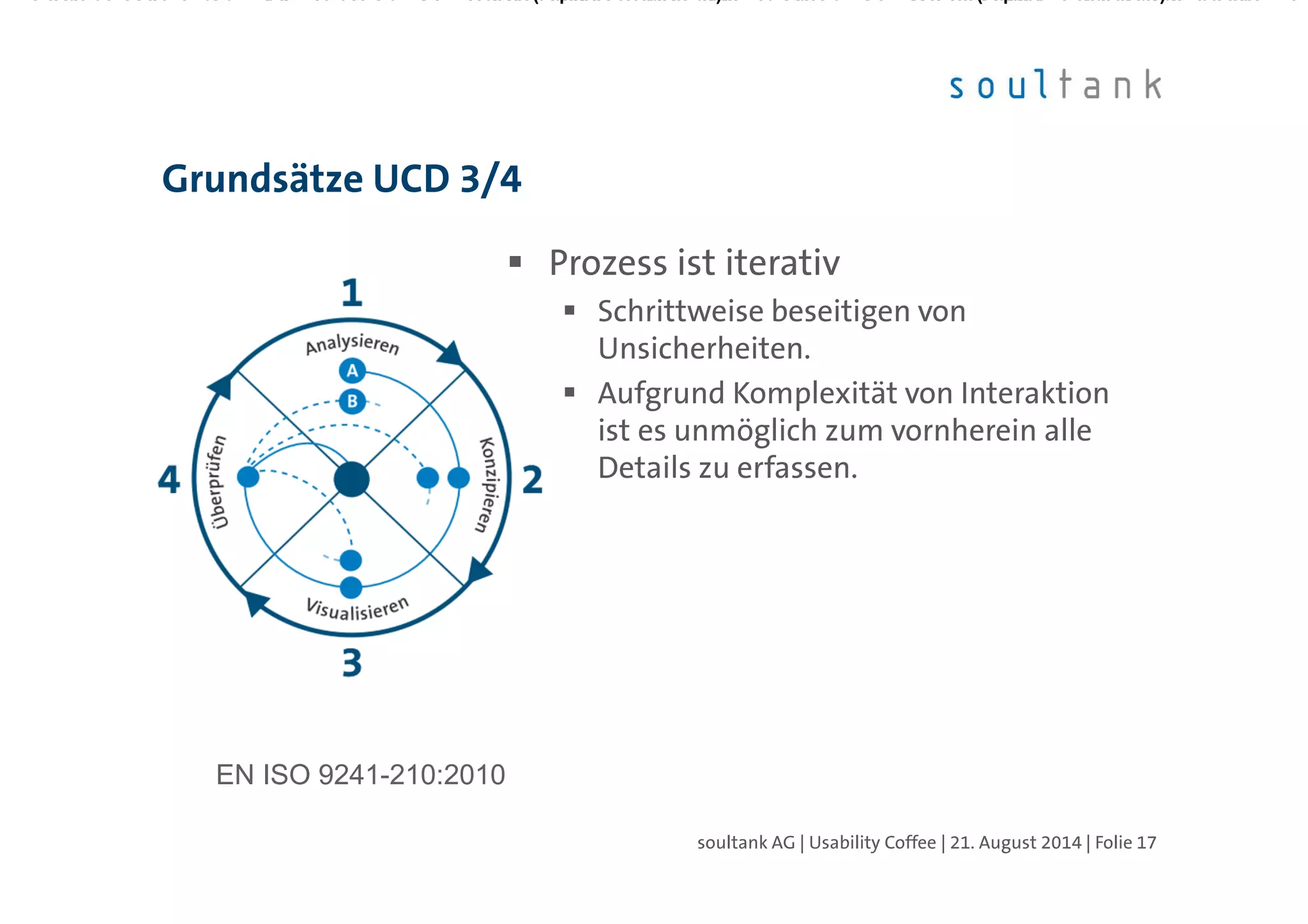 Grundsätze UCD 3/4
| Folie 17soultank AG | Usability Coffee | 21. August 2014
Prozess ist iterativ
Schrittweise beseitigen von
Unsicherheiten.
Aufgrund Komplexität von Interaktion
ist es unmöglich zum vornherein alle
Details zu erfassen.
EN ISO 9241-210:2010
 