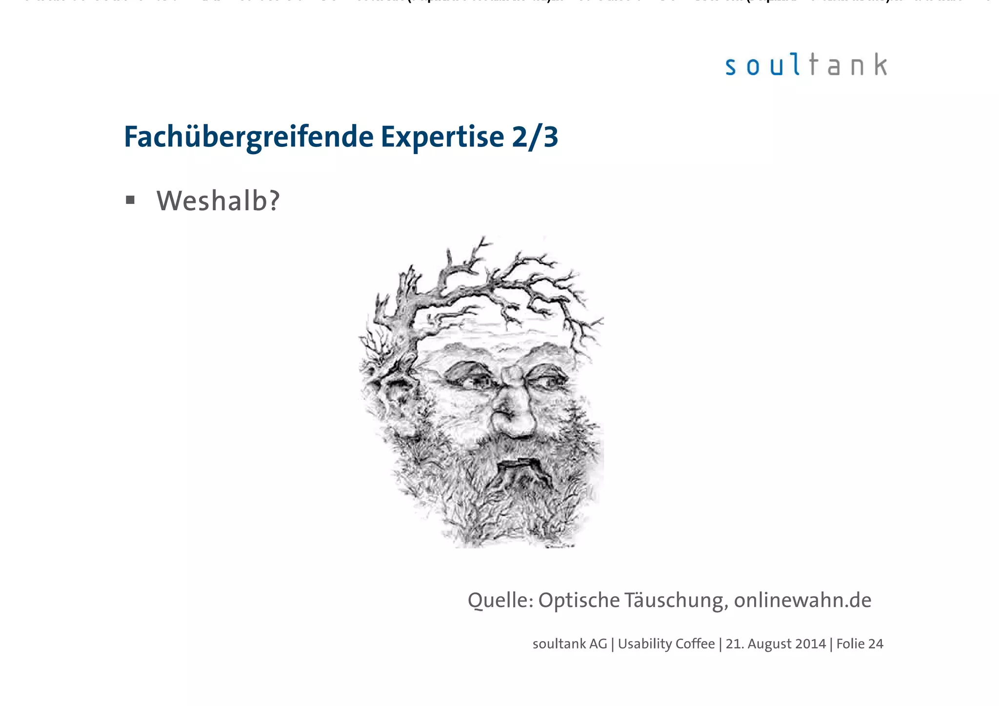 Weshalb?Weshalb?Weshalb?Weshalb?
Fachübergreifende Expertise 2/3
| Folie 24soultank AG | Usability Coffee | 21. August 2014
Quelle: Optische Täuschung, onlinewahn.de
 