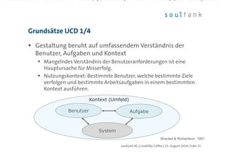 Gestaltung beruht auf umfassendem Verständnis der
Benutzer, Aufgaben und Kontext
Mangelndes Verständnis der Benutzeranforderungen ist eine
Hauptursache für Misserfolg.
Nutzungskontext: Bestimmte Benutzer, welche bestimmte Ziele
verfolgen und bestimmte Arbeitsaufgaben in einem bestimmten
Kontext ausführen.
Grundsätze UCD 1/4
| Folie 15soultank AG | Usability Coffee | 21. August 2014
Benutzer
System
Aufgabe
Kontext (Umfeld)
Shackel & Richardson, 1991
 