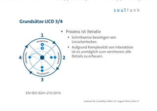 Grundsätze UCD 3/4
| Folie 17soultank AG | Usability Coffee | 21. August 2014
Prozess ist iterativ
Schrittweise beseitigen von
Unsicherheiten.
Aufgrund Komplexität von Interaktion
ist es unmöglich zum vornherein alle
Details zu erfassen.
EN ISO 9241-210:2010
 