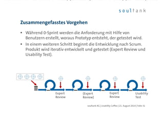Während 0-Sprint werden die Anforderung mit Hilfe von
Benutzern erstellt, woraus Prototyp entsteht, der getestet wird.
In einem weiteren Schritt beginnt die Entwicklung nach Scrum.
Produkt wird iterativ entwickelt und getestet (Expert Review und
Usability Test).
Zusammengefasstes Vorgehen
| Folie 31soultank AG | Usability Coffee | 21. August 2014
ExpertExpertExpertExpert
ReviewReviewReviewReview
(Expert(Expert(Expert(Expert
Review)Review)Review)Review)
ExpertExpertExpertExpert
ReviewReviewReviewReview
UsabilityUsabilityUsabilityUsability
TestTestTestTest
 