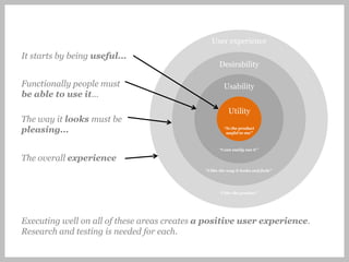 User experience
It starts by being useful...
                                                    Desirability

Functionally people must                              Usability
be able to use it...
                                                         Utility
The way it looks must be
pleasing...                                           “Is the product
                                                       useful to me”



                                                    “I can easily use it”

The overall experience
                                             “I like the way it looks and feels”




                                                    “I like the product”




Executing well on all of these areas creates a positive user experience.
Research and testing is needed for each.
 