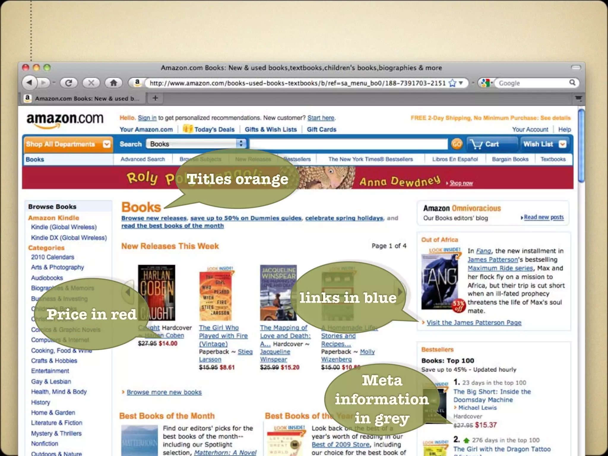 Titles orange




                               links in blue
Price in red



                                       Meta
                                   information
                                      in grey
 