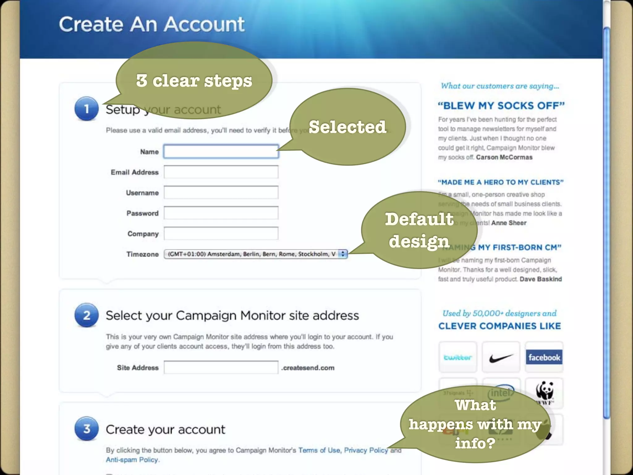 3 clear steps

                Selected



                       Default
                       design




                                What
                           happens with my
                                info?
 