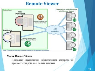 Remote Viewer
Morae Remote Viewer
Позволяет нескольким наблюдателям смотреть и
процесс тестирования, делать заметки
21
 