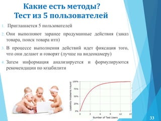 Тест из 5 пользователей
1. Приглашается 5 пользователей
2. Они выполняют заранее продуманные действия (заказ
товара, поиск товара итп)
3. В процессе выполнения действий идет фиксация того,
что они делают и говорят (лучше на видеокамеру)
4. Затем информация анализируется и формулируются
рекомендации по юзабилити
Какие есть методы?
33
 