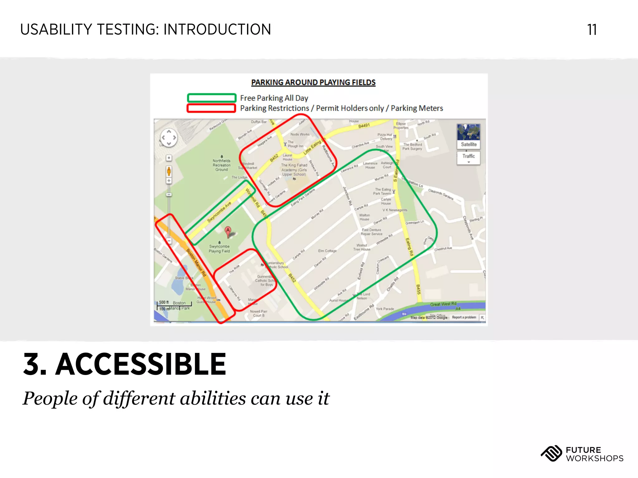 USABILITY TESTING: INTRODUCTION

3. ACCESSIBLE
People of different abilities can use it

11

 