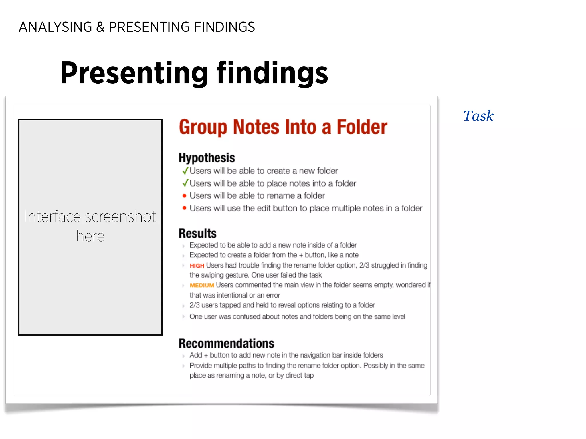 ANALYSING & PRESENTING FINDINGS

Presenting ﬁndings
Task

Interface screenshot
here

 