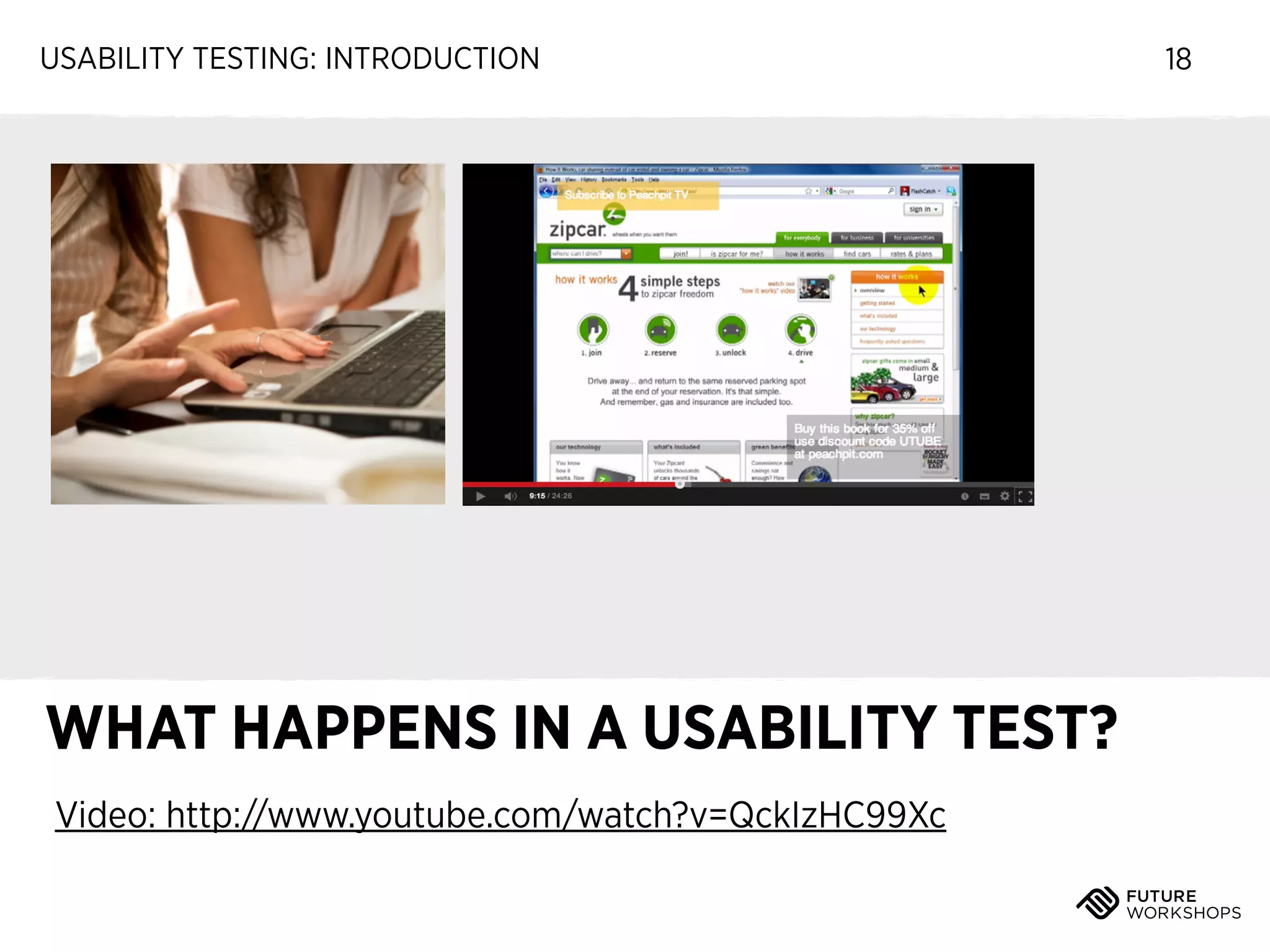 USABILITY TESTING: INTRODUCTION

WHAT HAPPENS IN A USABILITY TEST?
Video: http://www.youtube.com/watch?v=QckIzHC99Xc

18

 