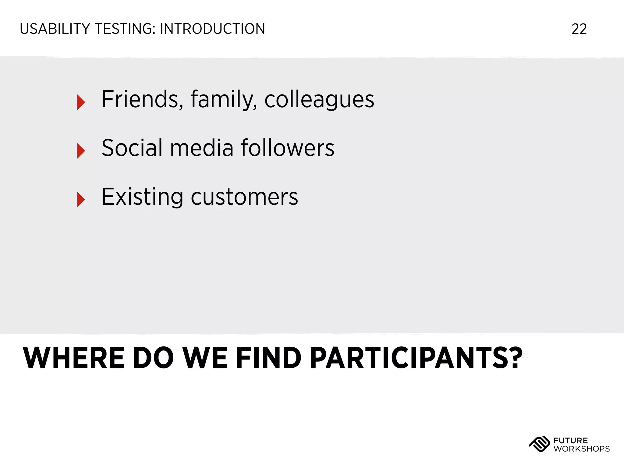 USABILITY TESTING: INTRODUCTION

‣

Friends, family, colleagues

‣

Social media followers

‣

Existing customers

WHERE DO WE FIND PARTICIPANTS?

22

 