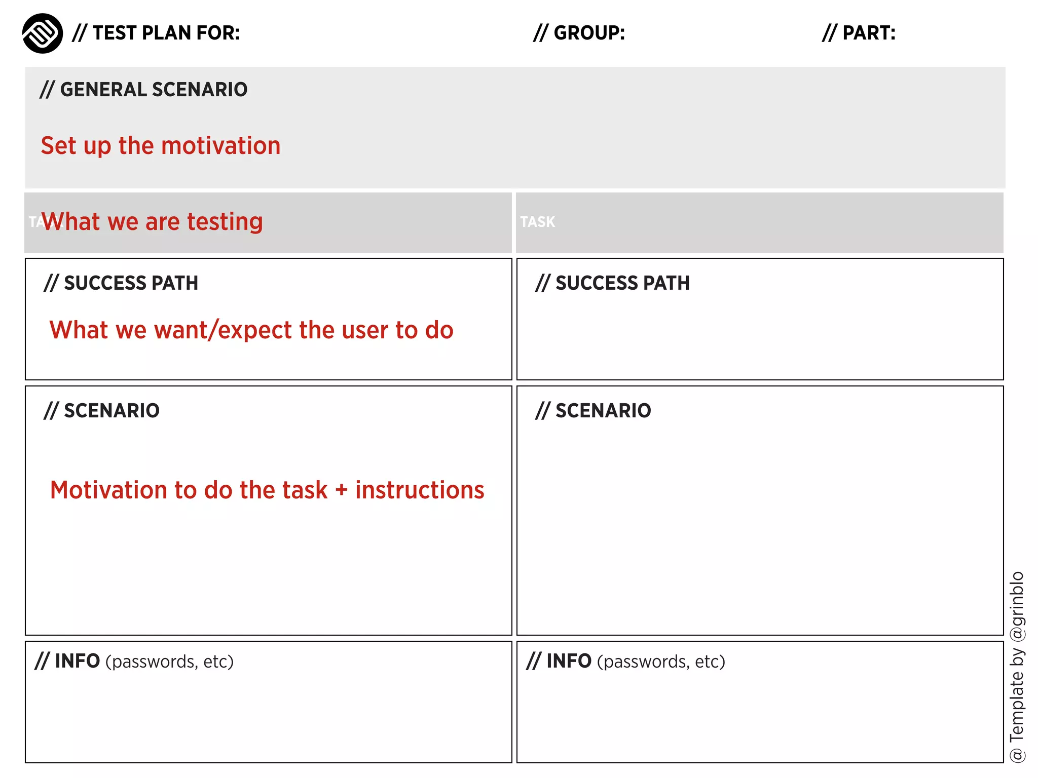 // TEST PLAN FOR:

// GROUP:

// PART:

// GENERAL SCENARIO

Set up the motivation
What we are testing

TASK

// SUCCESS PATH

TASK

// SUCCESS PATH

What we want/expect the user to do
// SCENARIO

// SCENARIO

// INFO (passwords, etc)

// INFO (passwords, etc)

@ Template by @grinblo

Motivation to do the task + instructions

 