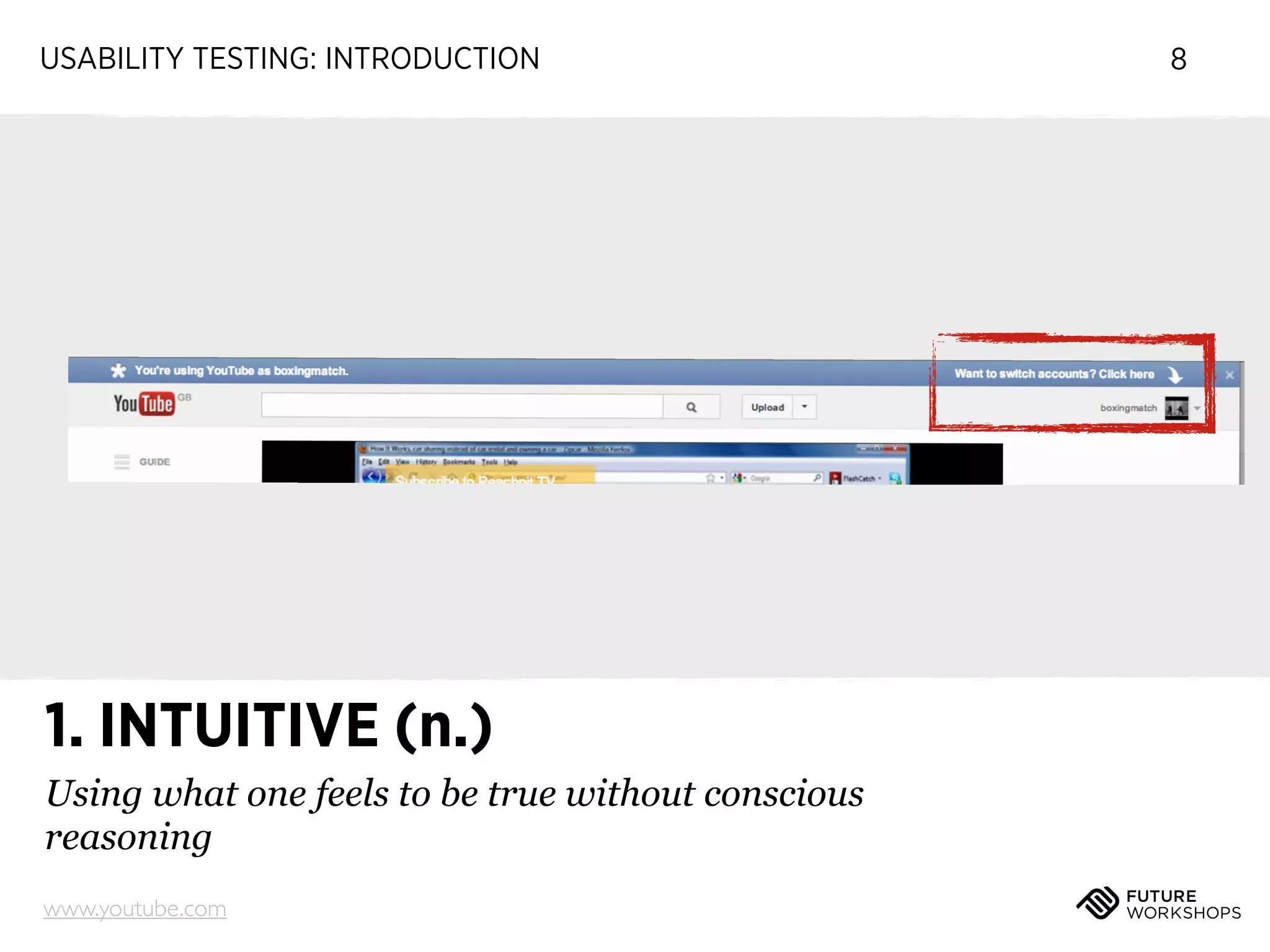 USABILITY TESTING: INTRODUCTION

1. INTUITIVE (n.)
Using what one feels to be true without conscious
reasoning
www.youtube.com

8

 