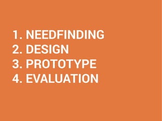1. NEEDFINDING
2. DESIGN
3. PROTOTYPE
4. EVALUATION
 