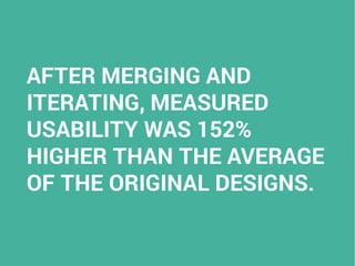 AFTER MERGING AND
ITERATING, MEASURED
USABILITY WAS 152%
HIGHER THAN THE AVERAGE
OF THE ORIGINAL DESIGNS.
 