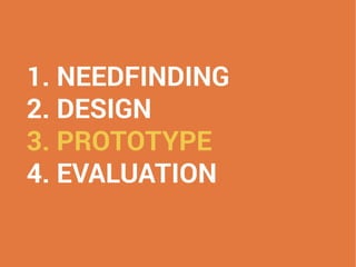 1. NEEDFINDING
2. DESIGN
3. PROTOTYPE
4. EVALUATION
 