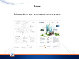 Эскизы
Набросок. Делается от руки, главное изобразить идею.
 