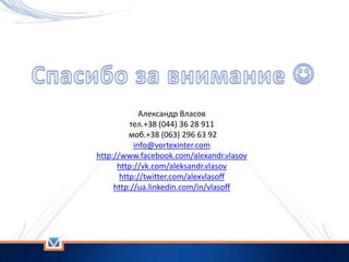 Александр Власов
тел.+38 (044) 36 28 911
моб.+38 (063) 296 63 92
info@vortexinter.com
http://www.facebook.com/alexandr.vlasov
http://vk.com/aleksandr.vlasov
http://twitter.com/alexvlasoff
http://ua.linkedin.com/in/vlasoff
 
