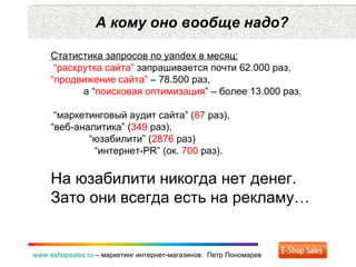 А кому оно вообще надо? www.eshopsales.ru  –  маркетинг интернет-магазинов.  Петр Пономарев Статистика запросов по  yandex...
