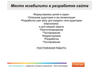 Место юзабилити в разработке сайта www.eshopsales.ru  –  маркетинг интернет-магазинов.  Петр Пономарев Формулировка целей и задач  Описание аудитории и ее сегментация Разработка  user story  для каждого типа аудитории (персонажа)  и для каждой задачи Прототипирование Тестирование Корректировка Разработка Тестирование ПОСТОЯННАЯ РАБОТА 