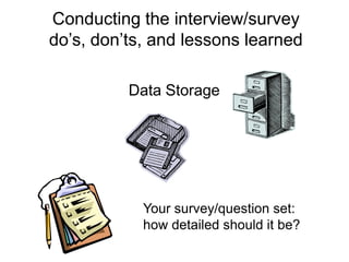 Conducting the interview/survey
do’s, don’ts, and lessons learned

          Data Storage




            Your survey/ques...