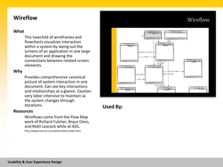 SM




   Wireflow                                                           Wireflow

   What
          This lovechild of wireframes and
          flowcharts visualizes interaction
          within a system by laying out the
          screens of an application in one large
          document and drawing the
          connections between related screen
          elements.
   Why
          Provides comprehensive canonical
          picture of system interaction in one
          document. Can see key interactions
          and relationships at a glance. Caution:
          very labor-intensive to maintain as
          the system changes through
          iterations.                                      Used By:
   Resources
          Wireflows come from the Flow Map
          work of Richard Fulcher, Bryce Glass,
          and Matt Leacock while at AOL.
          http://www.leacock.com/deliverables/index.html




Usability & User Experience Design
 