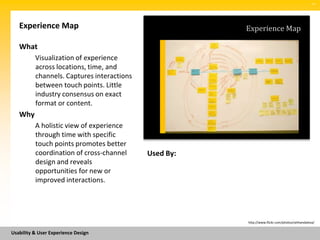 SM




   Experience Map                                      Experience Map

   What
          Visualization of experience
          across locations, time, and
          channels. Captures interactions
          between touch points. Little
          industry consensus on exact
          format or content.
   Why
          A holistic view of experience
          through time with specific
          touch points promotes better
          coordination of cross-channel     Used By:
          design and reveals
          opportunities for new or
          improved interactions.




                                                       http://www.flickr.com/photos/sethandalexa/


Usability & User Experience Design
 