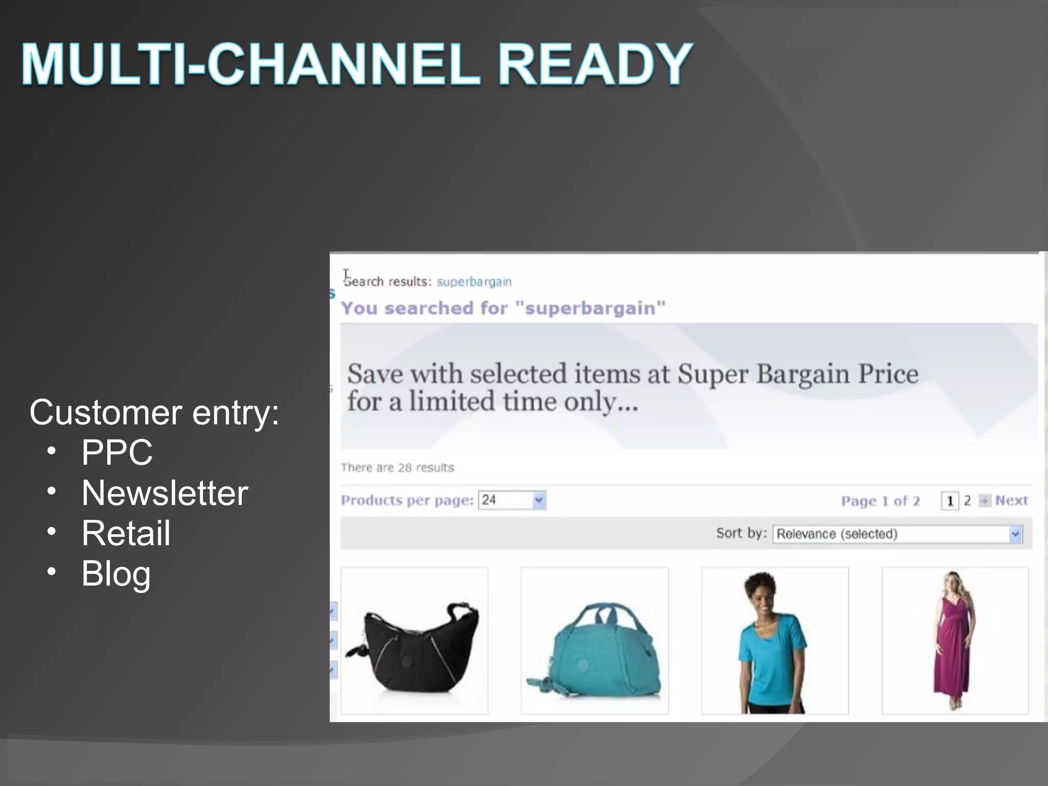 Customer entry:
• PPC
• Newsletter
• Retail
• Blog
 