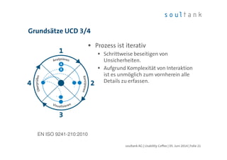 Grundsätze UCD 3/4
| Folie 21soultank AG | Usability Coffee | 05. Juni 2014
Prozess ist iterativ
Schrittweise beseitigen von
Unsicherheiten.
Aufgrund Komplexität von Interaktion
ist es unmöglich zum vornherein alle
Details zu erfassen.
EN ISO 9241-210:2010
 