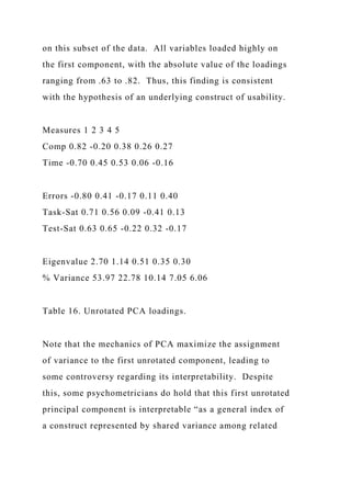 on this subset of the data. All variables loaded highly on
the first component, with the absolute value of the loadings
ranging from .63 to .82. Thus, this finding is consistent
with the hypothesis of an underlying construct of usability.
Measures 1 2 3 4 5
Comp 0.82 -0.20 0.38 0.26 0.27
Time -0.70 0.45 0.53 0.06 -0.16
Errors -0.80 0.41 -0.17 0.11 0.40
Task-Sat 0.71 0.56 0.09 -0.41 0.13
Test-Sat 0.63 0.65 -0.22 0.32 -0.17
Eigenvalue 2.70 1.14 0.51 0.35 0.30
% Variance 53.97 22.78 10.14 7.05 6.06
Table 16. Unrotated PCA loadings.
Note that the mechanics of PCA maximize the assignment
of variance to the first unrotated component, leading to
some controversy regarding its interpretability. Despite
this, some psychometricians do hold that this first unrotated
principal component is interpretable “as a general index of
a construct represented by shared variance among related
 