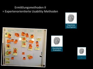 Heuristische
Evaluation
Kognitives
Durchgehen
...
ErmiFlungsmethoden	
  II	
  
=	
  Expertenorien2erte	
  Usability	
  Methoden
 