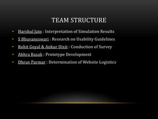 TEAM STRUCTURE
• Harshul Jain : Interpretation of Simulation Results
• S Bhuvaneswari : Research on Usability Guidelines
•...