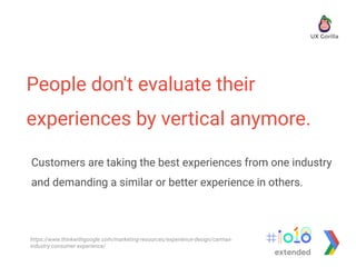 People don't evaluate their
experiences by vertical anymore.
Customers are taking the best experiences from one industry
and demanding a similar or better experience in others.
https://www.thinkwithgoogle.com/marketing-resources/experience-design/carmax-
industry-consumer-experience/
extended
 