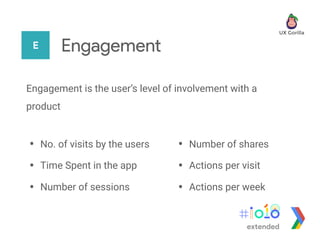 E Engagement
Engagement is the user’s level of involvement with a
product
• Number of shares
• Actions per visit
• Actions per week
• No. of visits by the users
• Time Spent in the app
• Number of sessions
extended
 