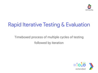 Rapid Iterative Testing & Evaluation
Timeboxed process of multiple cycles of testing
followed by iteration
extended
 