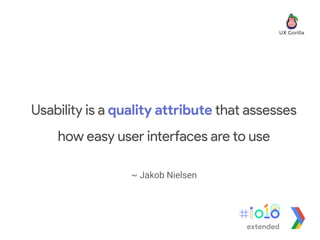 Usability is a quality attribute that assesses
how easy user interfaces are to use
extended
~ Jakob Nielsen
 