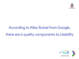 According to Alley Rutzel from Google,
there are 6 quality components to Usability
extended
 