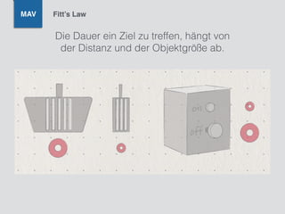 Die Dauer ein Ziel zu treffen, hängt von
der Distanz und der Objektgröße ab.
MAV Fitt’s Law
 