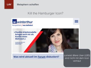 LAV Metaphern schaffen
Kill the Hamburger Icon?
zumeist ältere User (ü30)
sind nicht mit dem Icon
vertraut
 