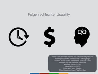 Folgen schlechter Usability
Interessante Produkte werden nur schwer/nicht gefunden
Nutzungsabbrüche während des Kaufvorgangs
Zuwachs Nutzerzahlen bleibt hinter Potential zurück
Weniger wiederkommende Besucher
Weniger Anmeldungen
Geringere Umsätze
Frustration beim Kunden
Mehr Supportaufwand (Telefon, Cat)
 