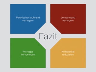 !
!
!
!
Motorischen Aufwand
verringern
!
!
!
!
!
!
!
Lernaufwand
verringern
!
!
!
!
!
!
!
Wichtiges
hervorheben
!
!
!
!
!
!
!
Komplexität
reduzieren
!
!
!
Fazit
 