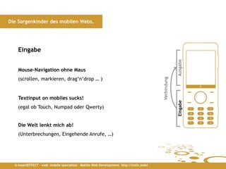 Die Sorgenkinder des mobilen Webs.




    Eingabe




                                                                                                  Ausgabe
    Mouse-Navigation ohne Maus
    (scrollen, markieren, drag‘n‘drop … )




                                                                                     Verbindung
    Textinput on mobiles sucks!




                                                                                                  Eingabe
    (egal ob Touch, Numpad oder Qwerty)


    Die Welt lenkt mich ab!
    (Unterbrechungen, Eingehende Anrufe, …)




  © insertEFFECT – web mobile specialists Mobile Web Development http://insfx.mobi
 