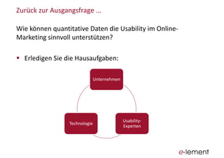 Wie  können  quantitative  Daten  die  Usability im  Online-­‐
Marketing  sinnvoll  unterstützen?
Erledigen  Sie  die  Hausaufgaben:
Unternehmen
Usability-­‐
Experten
Technologie
 