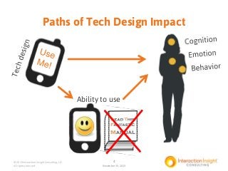 Paths of Tech Design Impact

Ability to use

© 2013 Interaction Insight Consulting, LLC
All rights reserved

4
November 15...