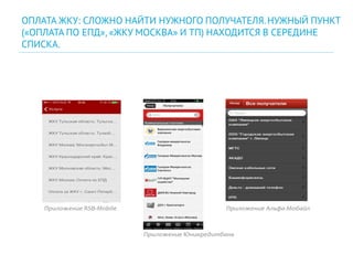 ОПЛАТА ЖКУ: СЛОЖНО НАЙТИ НУЖНОГО ПОЛУЧАТЕЛЯ.НУЖНЫЙ ПУНКТ
(«ОПЛАТА ПО ЕПД», «ЖКУ МОСКВА» И ТП) НАХОДИТСЯ В СЕРЕДИНЕ
СПИСКА.
 