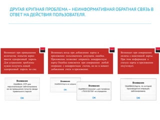 Возникает при превышении
количества попыток верно
ввести одноразовый пароль.
Для устранения проблемы
нужно получить новый
одноразовый пароль по смс.
Возникает, когда при добавлении карты в
приложение пользователем допущена ошибка.
Приложение позволяет сохранить некорректную
карту. Ошибка появляется при совершении любой
операции с некорректным счетом, но не в момент
добавления счета в приложение.
Возникает при совершении
оплаты с неактивной карты.
При этом информация о
статусе карты в приложении
отсутствует.
ДРУГАЯ КРУПНАЯ ПРОБЛЕМА– НЕИНФОРМАТИВНАЯ ОБРАТНАЯ СВЯЗЬ В
ОТВЕТ НА ДЕЙСТВИЯ ПОЛЬЗОВАТЕЛЯ.
 