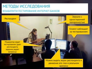 МЕТОДЫ ИССЛЕДОВАНИЯ
ЮЗАБИЛИТИ-ТЕСТИРОВАНИЕ ИНТЕРНЕТ-БАНКОВ
32
Респондент
Зеркало с
односторонней
прозрачностью
Клиент наблюдает
за тестированием
Модератор ведет
тестирование (дает
респонденту
задания,задает
вопросы)
Можно видеть экран респондента и
движения его глаз в реальном
времени
 