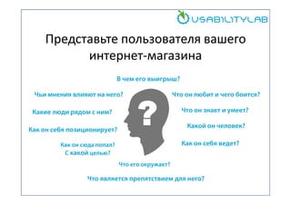 Представьте пользователя вашего
интернет-магазина
В чем его выигрыш?
Чьи мнения влияют на него?

Что он любит и чего боится?
Что он знает и умеет?

Какие люди рядом с ним?

Какой он человек?

Как он себя позиционирует?

Как он себя ведет?

Как он сюда попал?
С какой целью?
Что его окружает?

Что является препятствием для него?

 