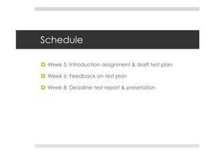 Schedule

 Week 5: Introduction assignment & draft test plan

 Week 6: Feedback on test plan

 Week 8: Deadline test report & presetation
 
